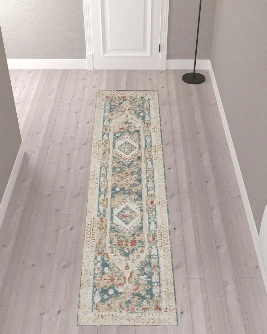 10' Ivory Green And Orange Oriental Non Skid Runner Rug Photo 1