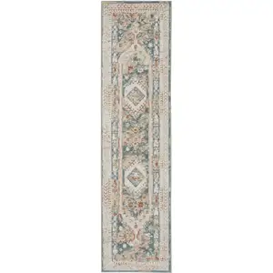 Photo of 10' Ivory Green And Orange Oriental Non Skid Runner Rug