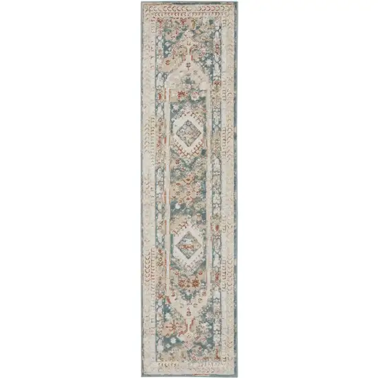 10' Ivory Green And Orange Oriental Non Skid Runner Rug Photo 2