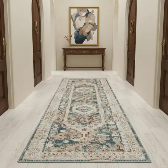 10' Ivory Green And Orange Oriental Non Skid Runner Rug Photo 1