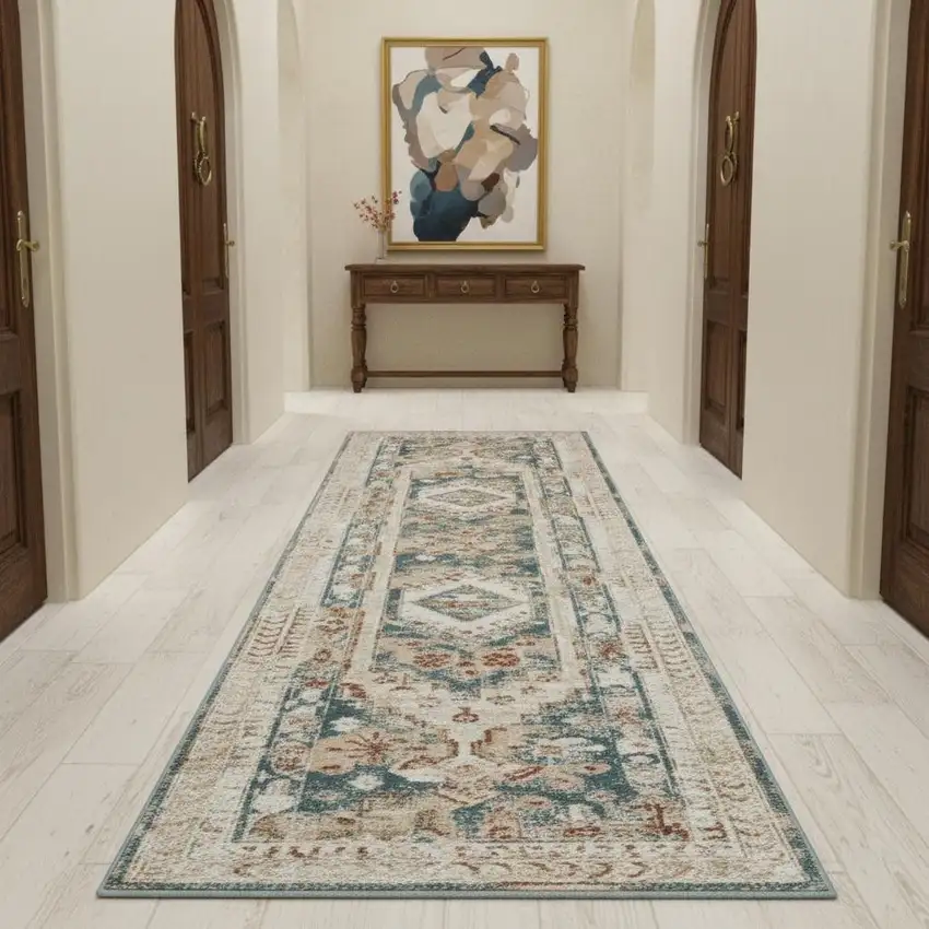 10' Ivory Green And Orange Oriental Non Skid Runner Rug Photo 1