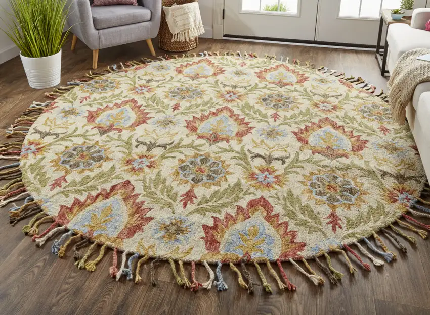 8' Ivory Green And Orange Round Wool Paisley Tufted Handmade Stain Resistant Area Rug With Fringe Photo 3