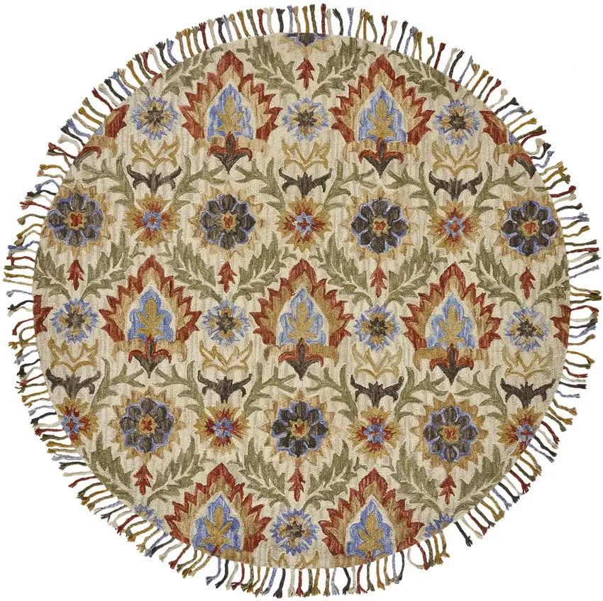 8' Ivory Green And Orange Round Wool Paisley Tufted Handmade Stain Resistant Area Rug With Fringe Photo 1