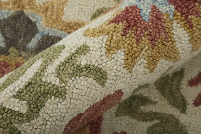 8' Ivory Green And Orange Round Wool Paisley Tufted Handmade Stain Resistant Area Rug With Fringe Photo 6