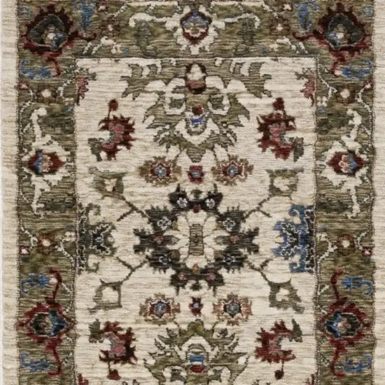 8' Ivory Green And Red Oriental Runner Rug With Fringe Photo 3