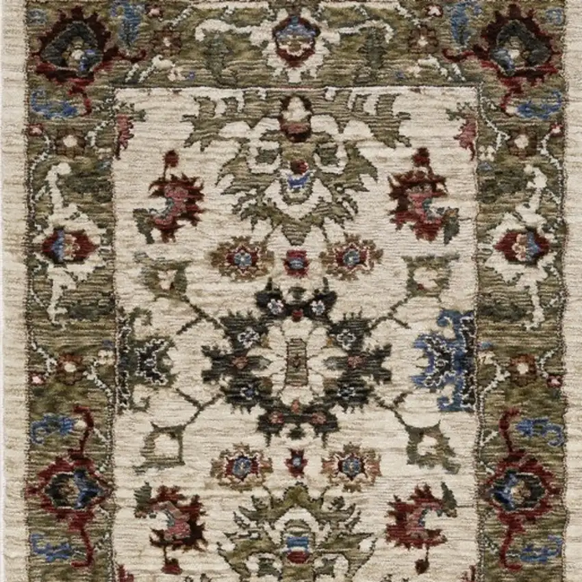 8' Ivory Green And Red Oriental Runner Rug With Fringe Photo 3