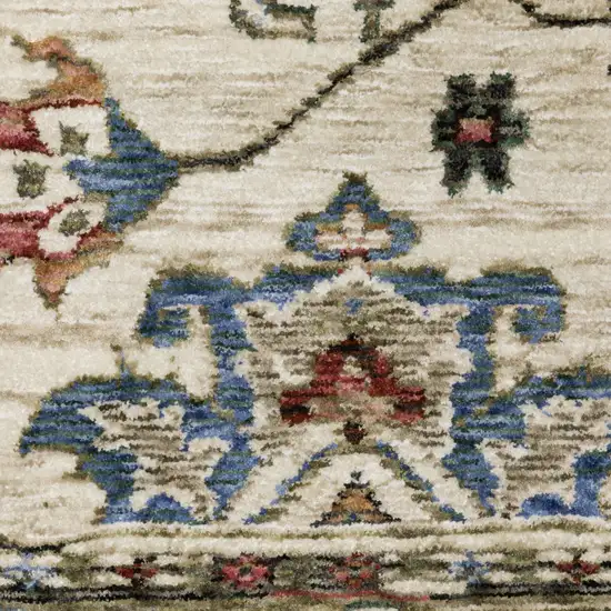 8' Ivory Green And Red Oriental Runner Rug With Fringe Photo 9