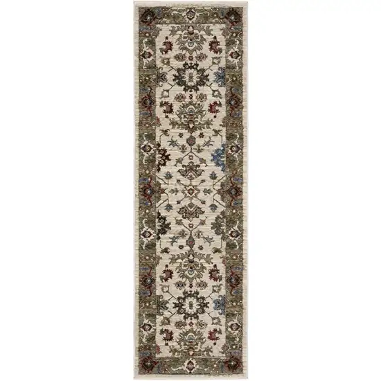8' Ivory Green And Red Oriental Runner Rug With Fringe Photo 4