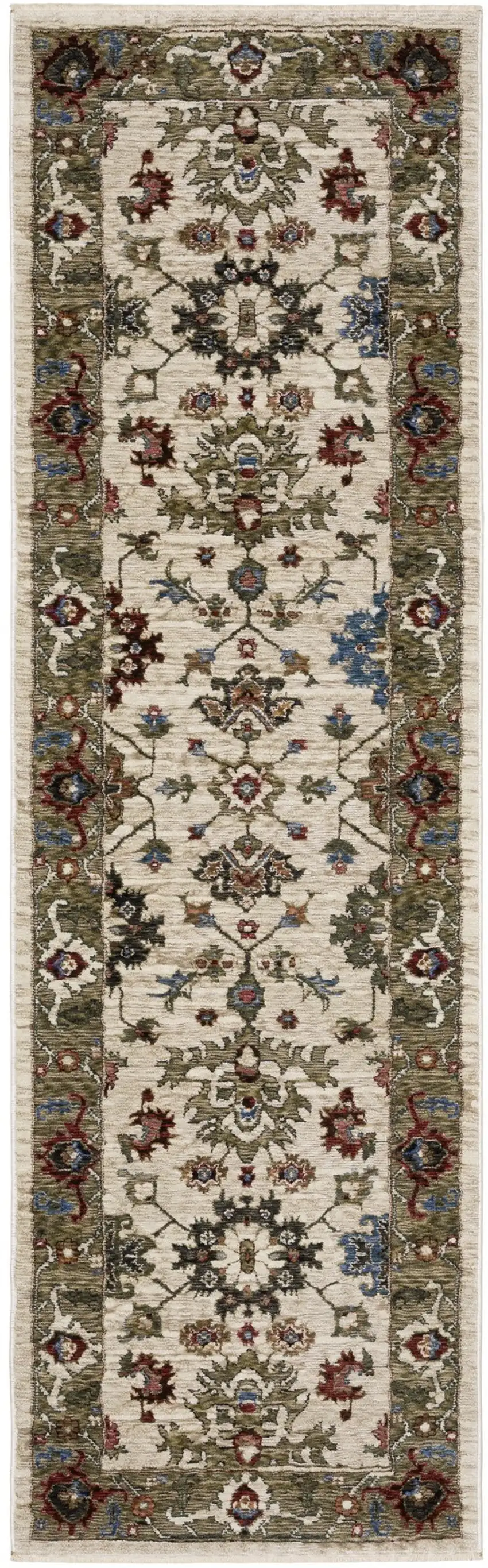8' Ivory Green And Red Oriental Runner Rug With Fringe Photo 4
