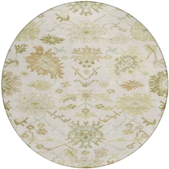 8' Ivory Green And Tan Round Floral Washable Indoor Outdoor Area Rug Photo 2