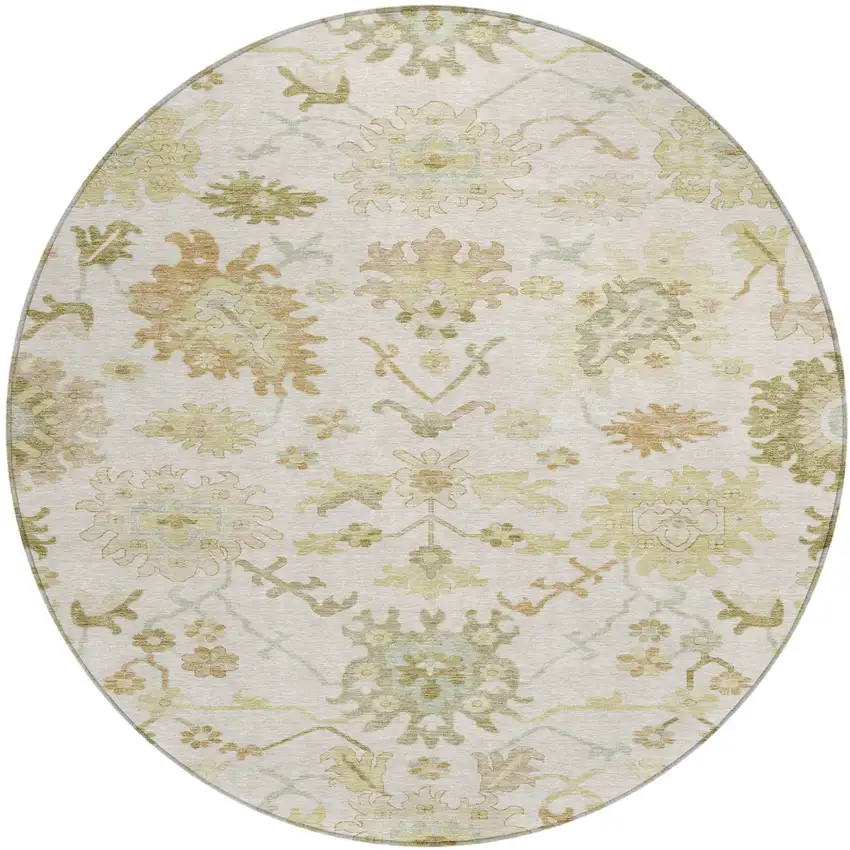 8' Ivory Green And Tan Round Floral Washable Indoor Outdoor Area Rug Photo 2