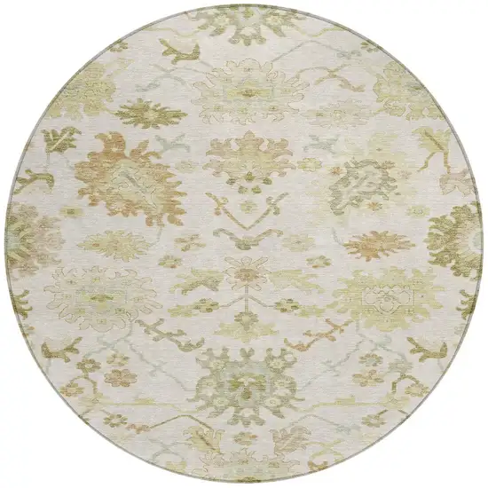 8' Ivory Green And Tan Round Floral Washable Indoor Outdoor Area Rug Photo 7