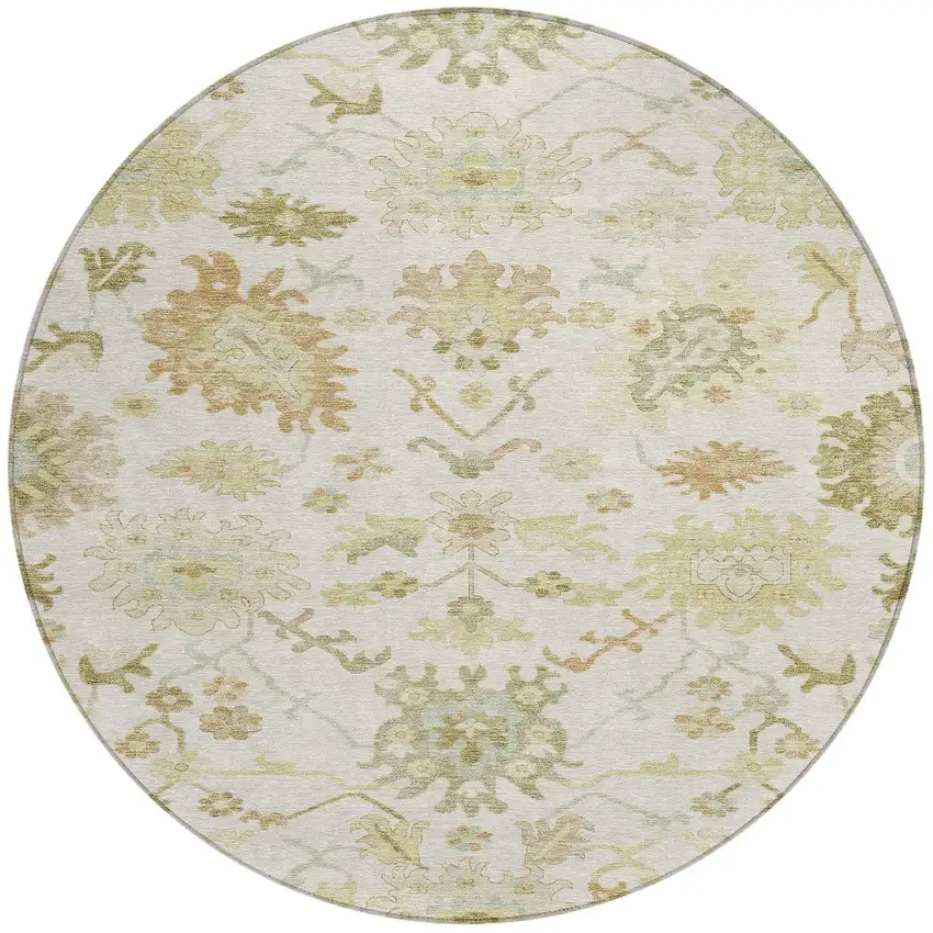 8' Ivory Green And Tan Round Floral Washable Indoor Outdoor Area Rug Photo 7