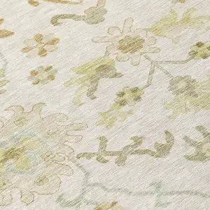 Photo of 8' Ivory Green And Tan Round Floral Washable Indoor Outdoor Area Rug