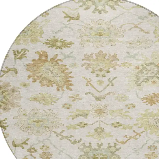8' Ivory Green And Tan Round Floral Washable Indoor Outdoor Area Rug Photo 6