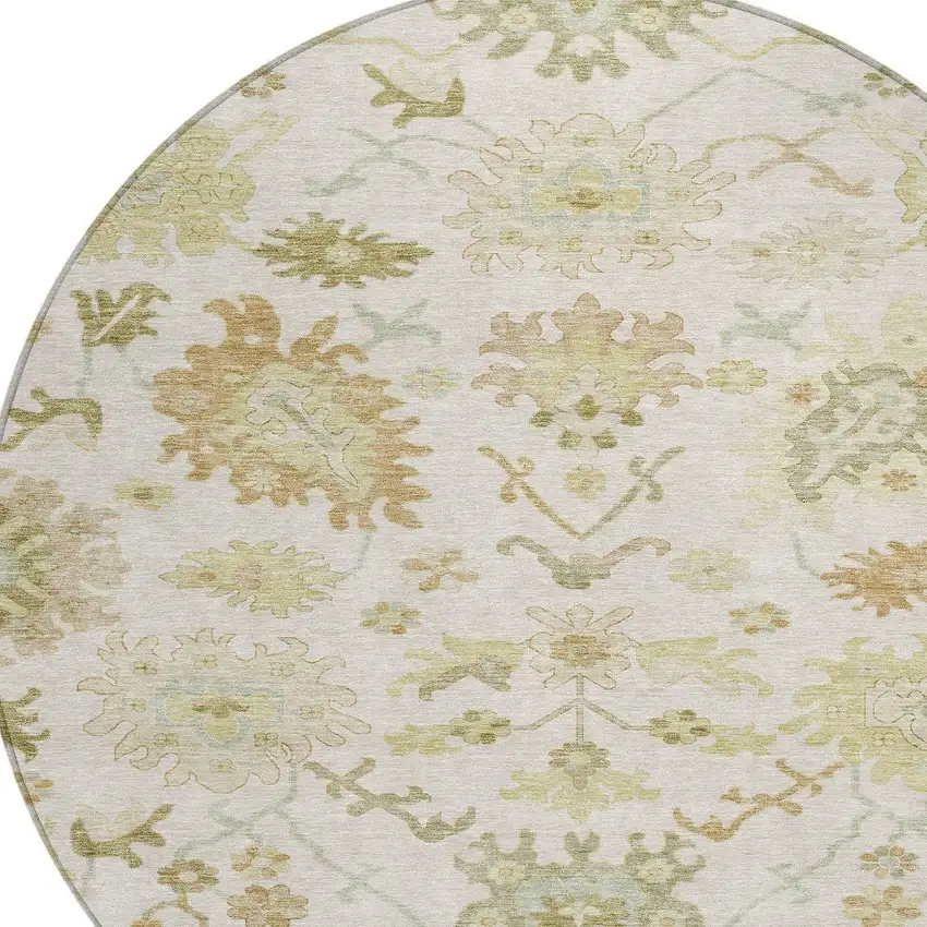 8' Ivory Green And Tan Round Floral Washable Indoor Outdoor Area Rug Photo 6