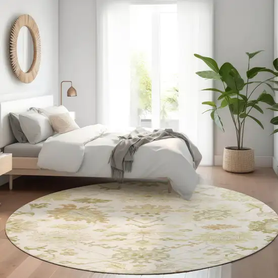 8' Ivory Green And Tan Round Floral Washable Indoor Outdoor Area Rug Photo 9