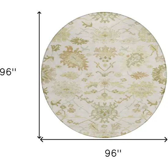 8' Ivory Green And Tan Round Floral Washable Indoor Outdoor Area Rug Photo 8