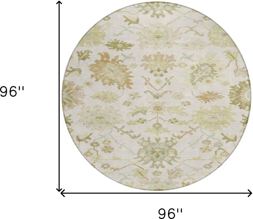 8' Ivory Green And Tan Round Floral Washable Indoor Outdoor Area Rug Photo 8