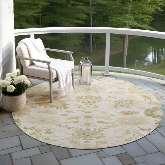 8' Ivory Green And Tan Round Floral Washable Indoor Outdoor Area Rug Photo 8