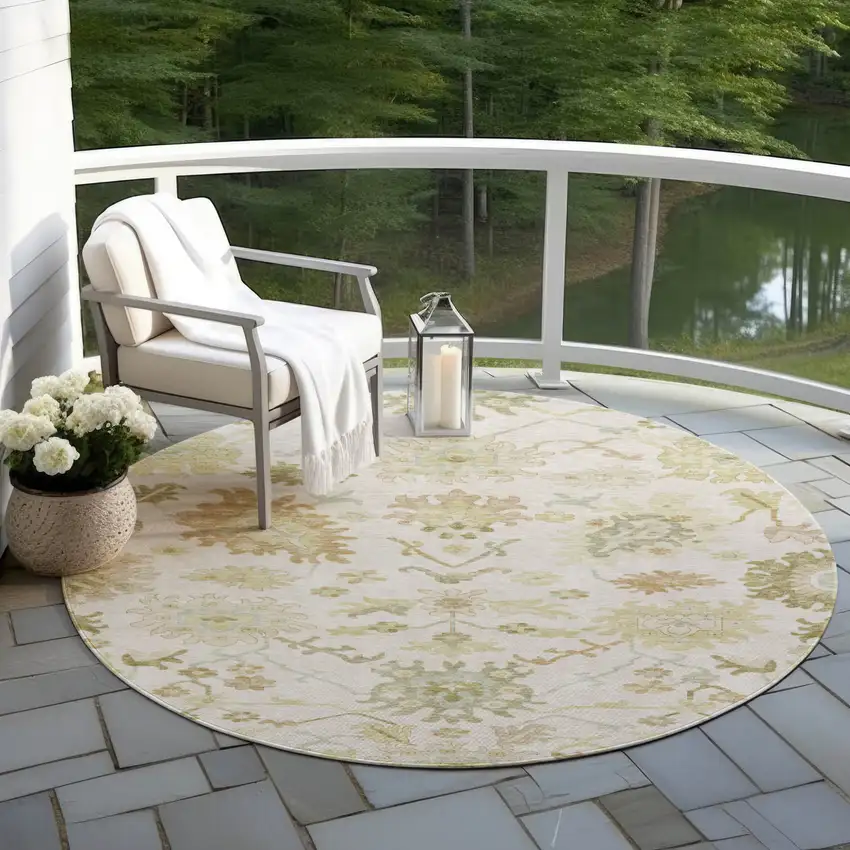 8' Ivory Green And Tan Round Floral Washable Indoor Outdoor Area Rug Photo 8