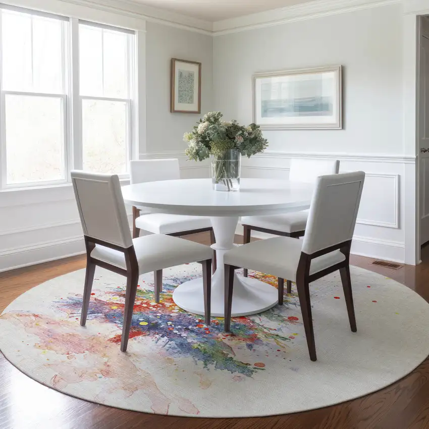 8' Ivory Green Purple Yellow And Blush Round Abstract Washable Indoor Outdoor Area Rug Photo 6