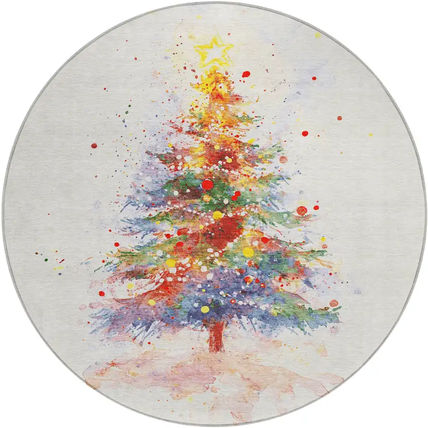 8' Ivory Green Purple Yellow And Blush Round Abstract Washable Indoor Outdoor Area Rug Photo 1