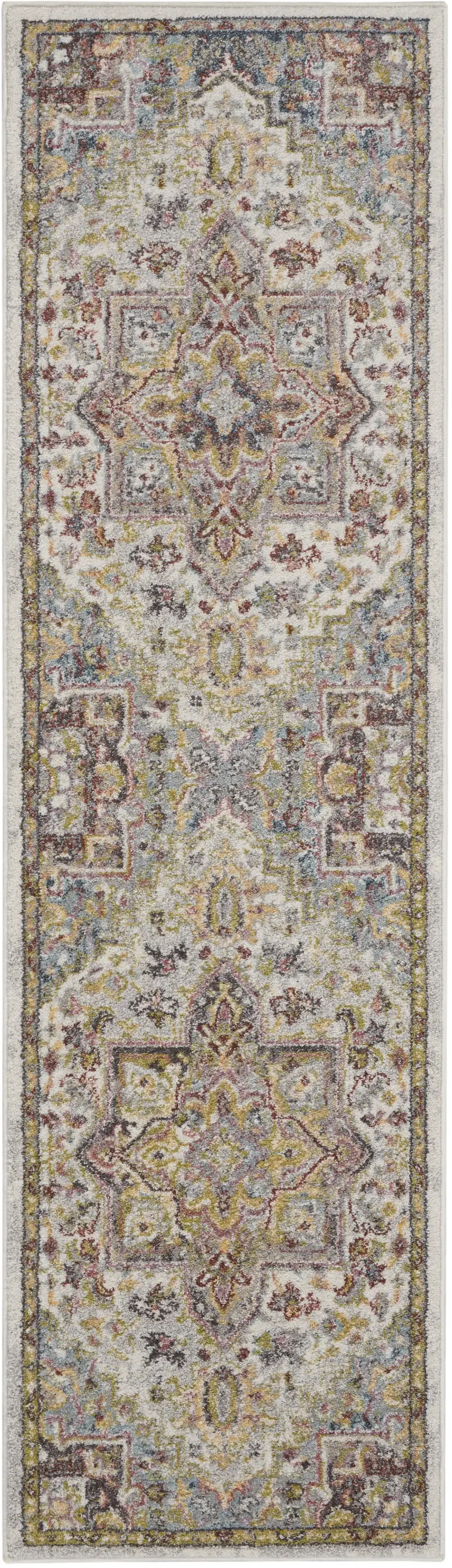 8' Ivory Green and Gray Floral Runner Rug Photo 2