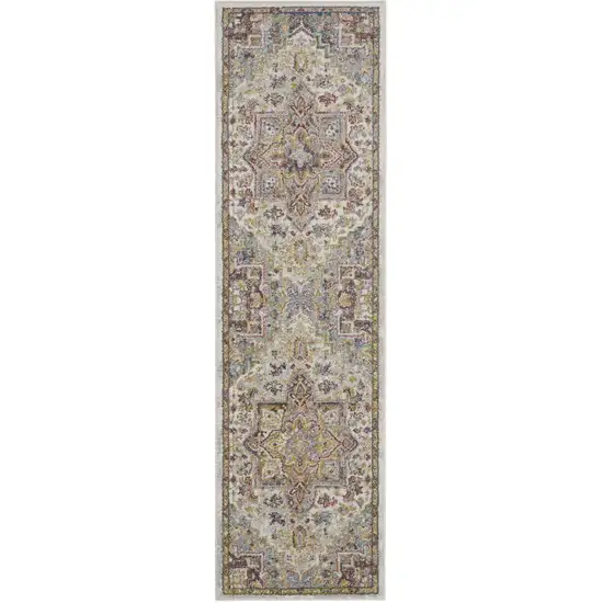 8' Ivory Green and Gray Floral Runner Rug Photo 1