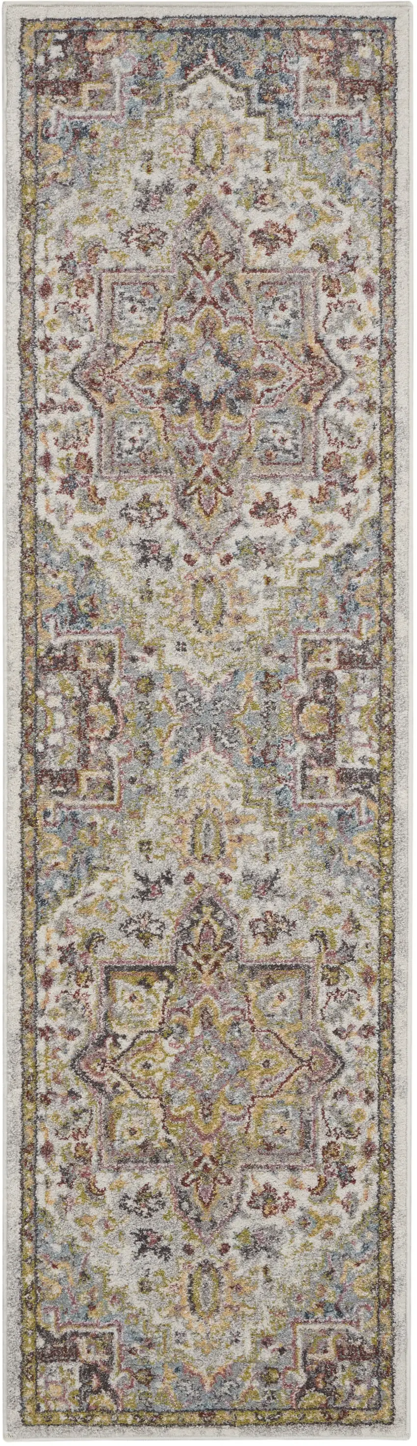 8' Ivory Green and Gray Floral Runner Rug Photo 1