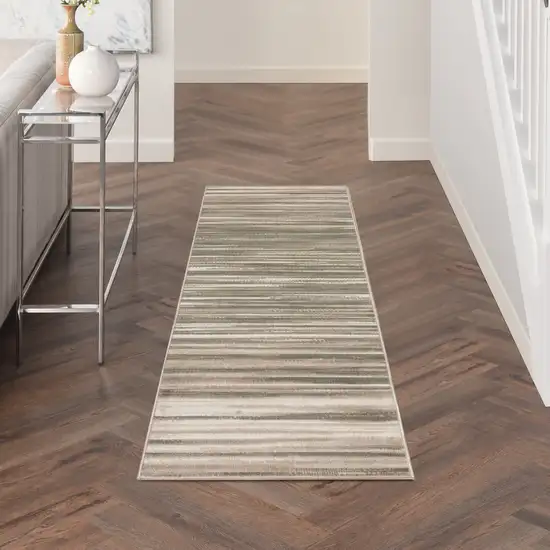 7' Ivory Green and Gray Striped Runner Rug Photo 3