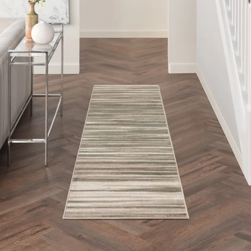 7' Ivory Green and Gray Striped Runner Rug Photo 3