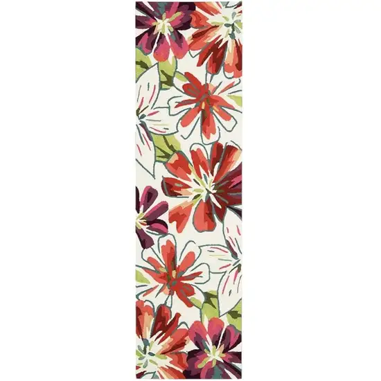 8' Ivory Green and Red Botanical Leaves Hand Carved Handmade Runner Rug Photo 1