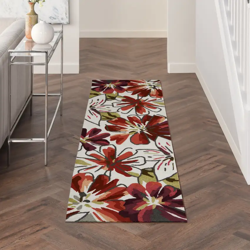 8' Ivory Green and Red Botanical Leaves Hand Carved Handmade Runner Rug Photo 5