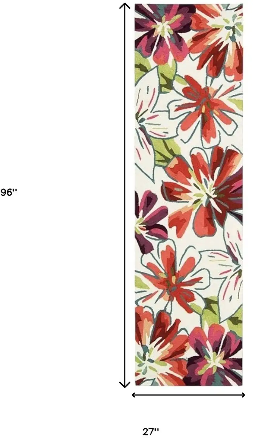 8' Ivory Green and Red Botanical Leaves Hand Carved Handmade Runner Rug Photo 8