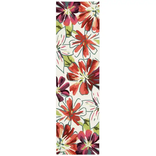 8' Ivory Green and Red Botanical Leaves Hand Carved Handmade Runner Rug Photo 1