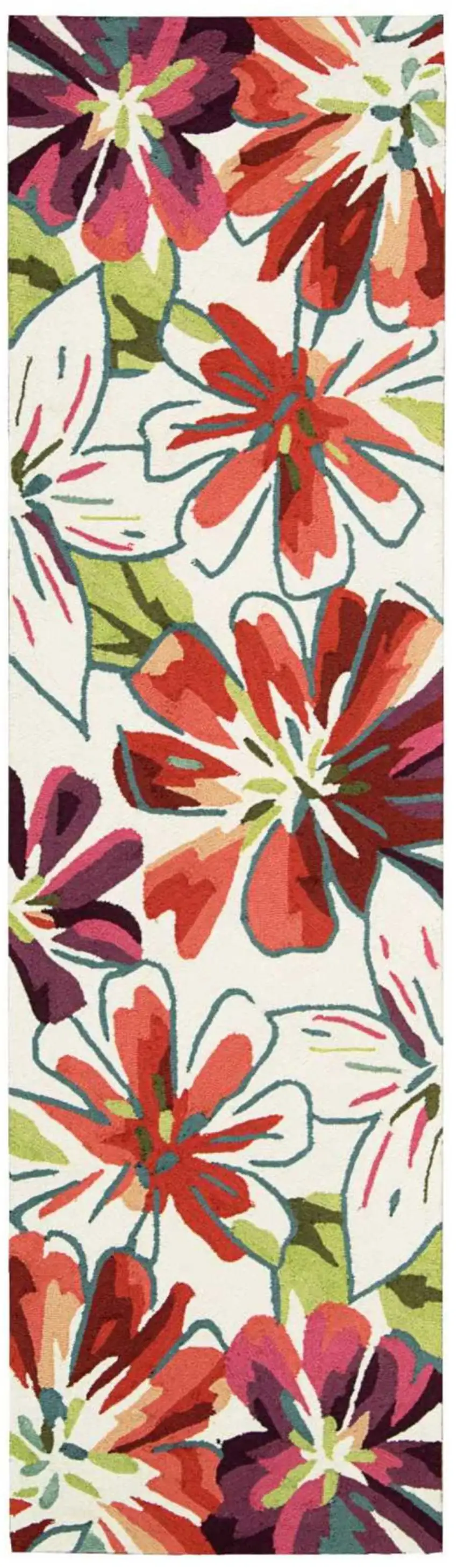 8' Ivory Green and Red Botanical Leaves Hand Carved Handmade Runner Rug Photo 1