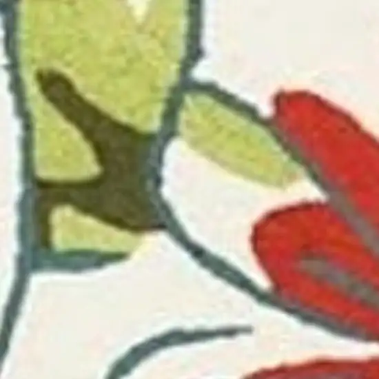 8' Ivory Green and Red Botanical Leaves Hand Carved Handmade Runner Rug Photo 6