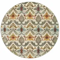 Photo of 8' Ivory Grey Rust Gold And Blue Round Abstract Power Loom Stain Resistant Area Rug