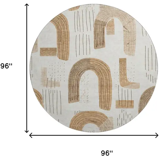 8' Ivory Khaki And Beige Geometric Washable Round Rug With UV Protection Photo 9