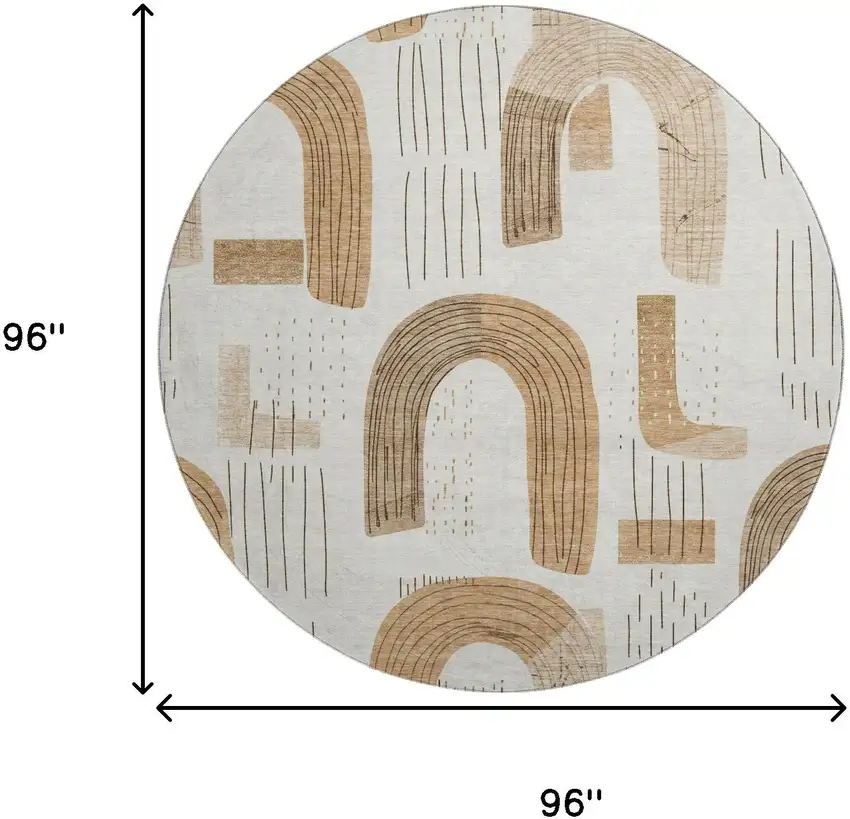 8' Ivory Khaki And Beige Geometric Washable Round Rug With UV Protection Photo 9