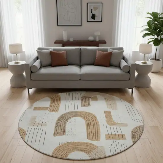 8' Ivory Khaki And Beige Geometric Washable Round Rug With UV Protection Photo 2