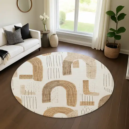 8' Ivory Khaki And Beige Geometric Washable Round Rug With UV Protection Photo 4