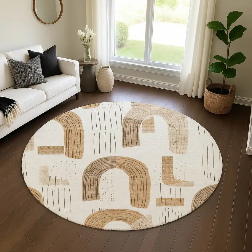 8' Ivory Khaki And Beige Geometric Washable Round Rug With UV Protection Photo 4