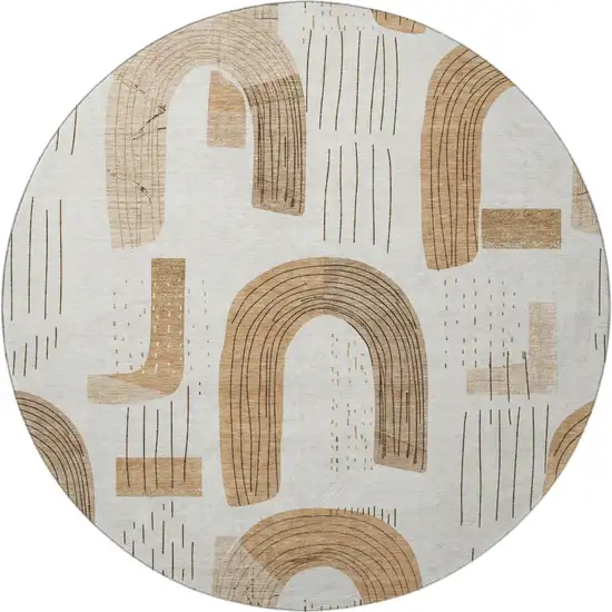 8' Ivory Khaki And Beige Geometric Washable Round Rug With UV Protection Photo 3