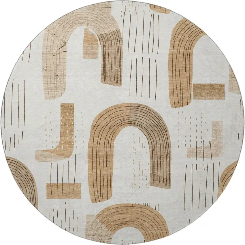 8' Ivory Khaki And Beige Geometric Washable Round Rug With UV Protection Photo 3