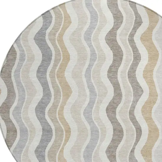 8' Ivory Khaki And Beige Round Striped Washable Indoor Outdoor Area Rug Photo 7