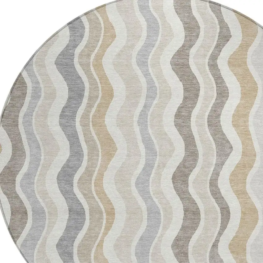 8' Ivory Khaki And Beige Round Striped Washable Indoor Outdoor Area Rug Photo 7
