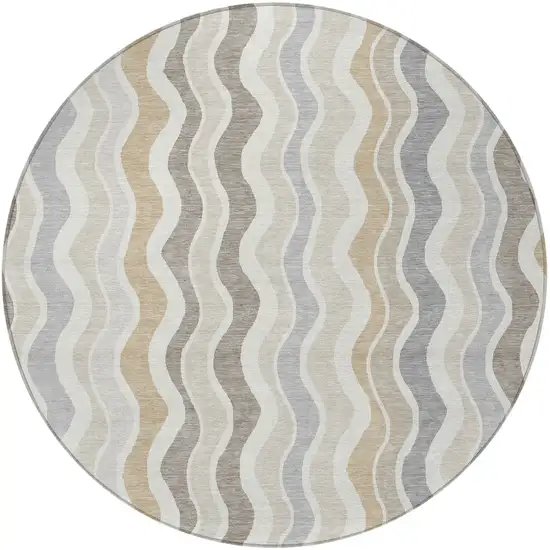 8' Ivory Khaki And Beige Round Striped Washable Indoor Outdoor Area Rug Photo 4