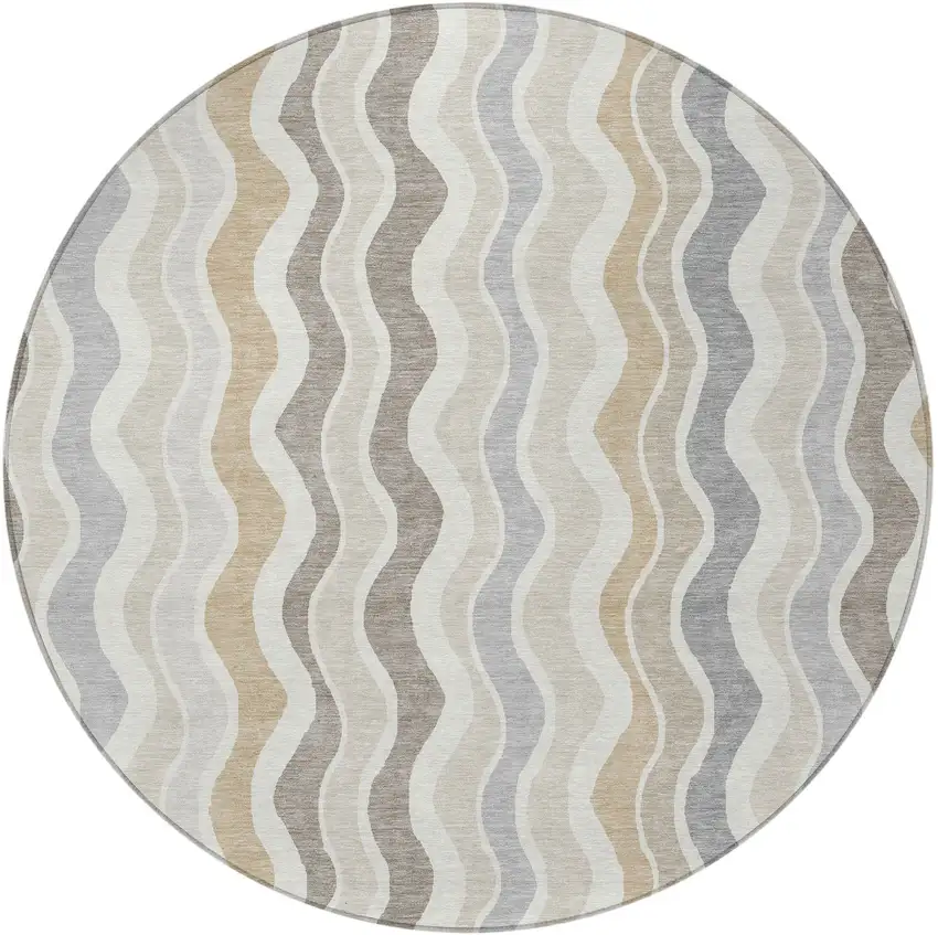 8' Ivory Khaki And Beige Round Striped Washable Indoor Outdoor Area Rug Photo 4